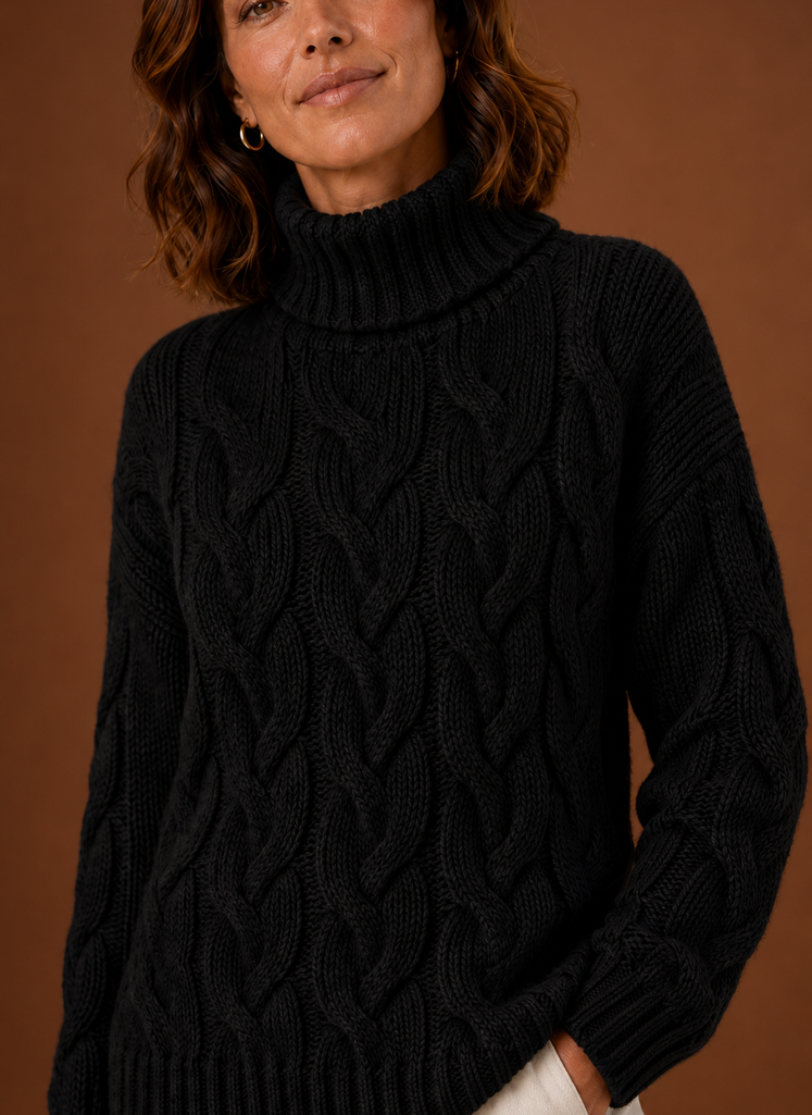 Women's Cable Knit Turtleneck Pullover Sweater with Ribbed Cuffs and Hem