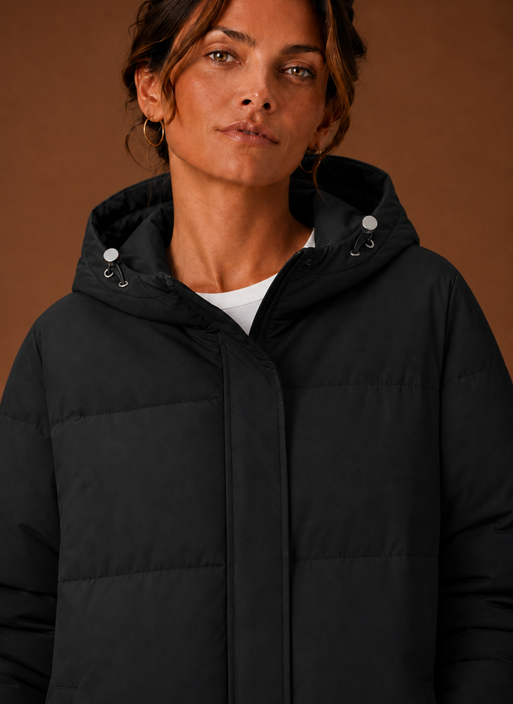 Women's Hooded Puffer Jacket with Snap Button Front and Pockets
