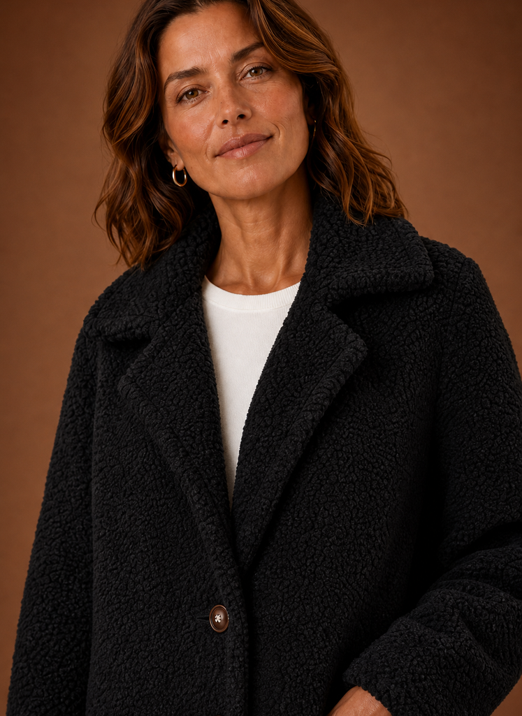 Women's Long Teddy Coat with Notch Lapel and Front Pockets