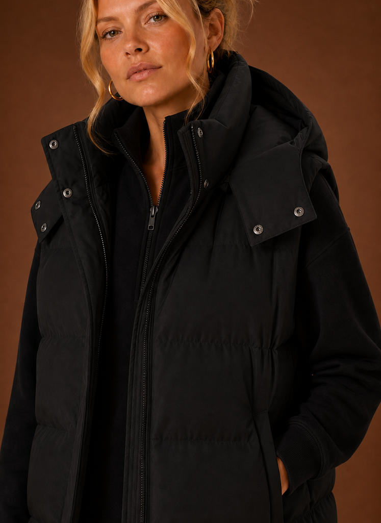 Women's Oversized Hooded Puffer Vest with Zip Front and Pockets