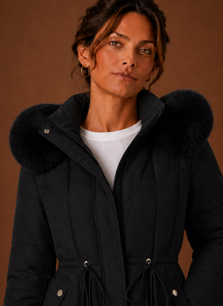 Women's Long Puffer Coat with Faux Fur Trim Hood and Drawstring Waist