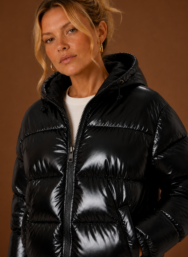 Women's Oversized Hooded Puffer Jacket with Full Zip and Side Pockets