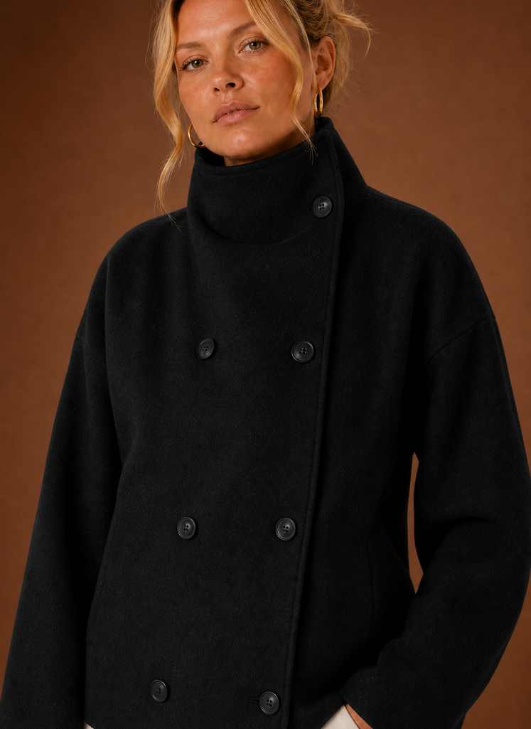 Women's Funnel Neck Double Breasted Wool Blend Jacket