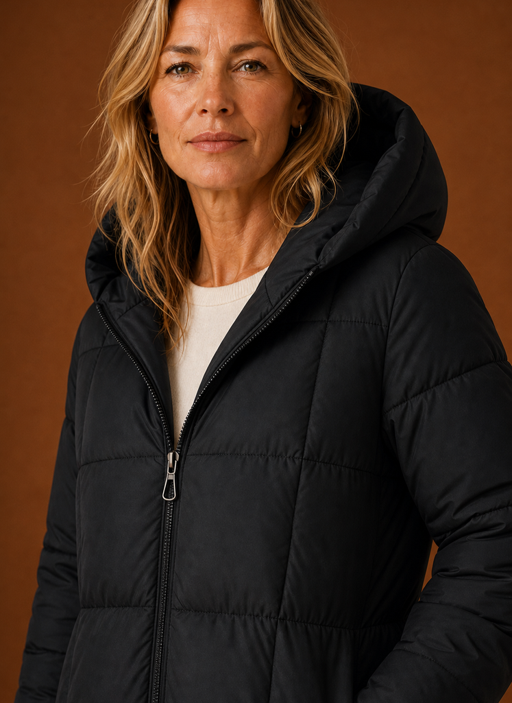 Women's Long Quilted Puffer Coat with Hood and Zip Front