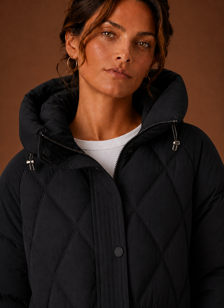 Women's Longline Puffer Jacket with Hood and Diamond Quilting