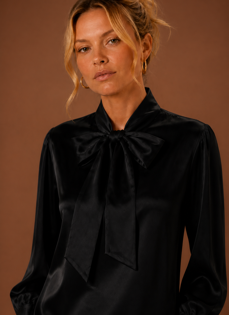 Women's Satin Blouse with Bow Tie Neck and Long Cuff Sleeves