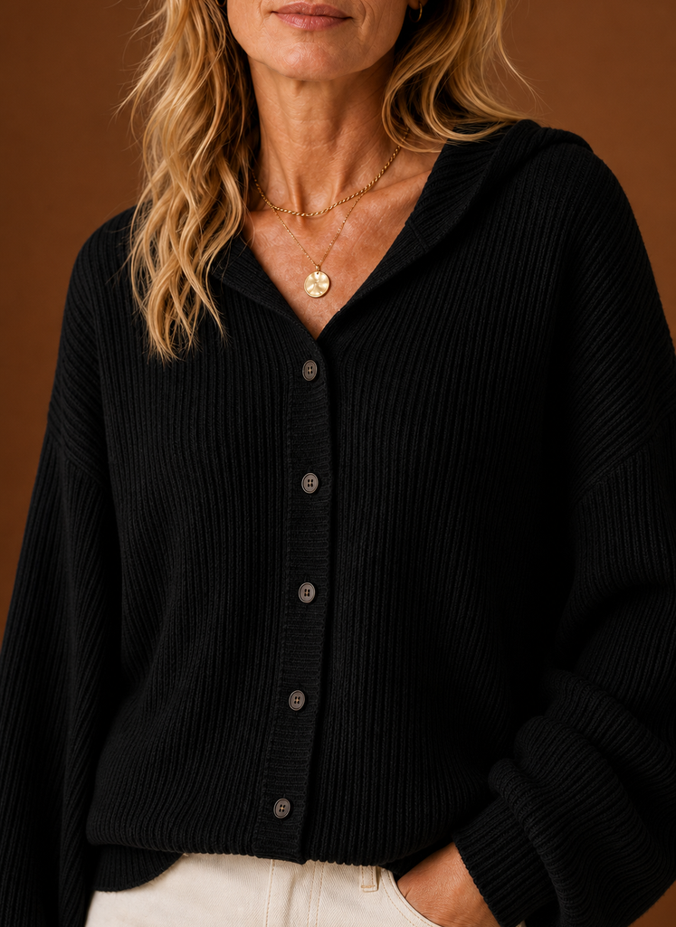 Women's Ribbed Knit Hooded Cardigan with Button Front and Long Sleeves