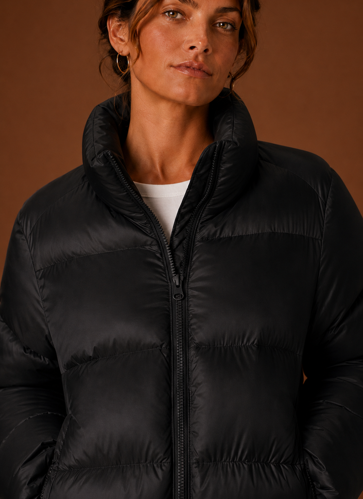 Women's Quilted Puffer Jacket with High Collar and Zip Front