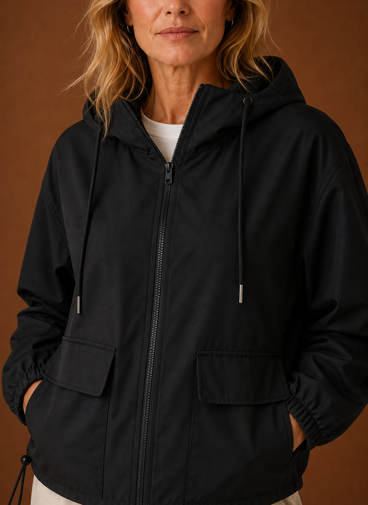 Women's Lightweight Hooded Windbreaker Jacket with Zip Front and Pockets