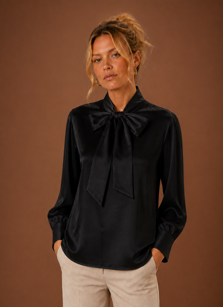 Women's Satin Blouse with Bow Tie Neck and Long Cuff Sleeves