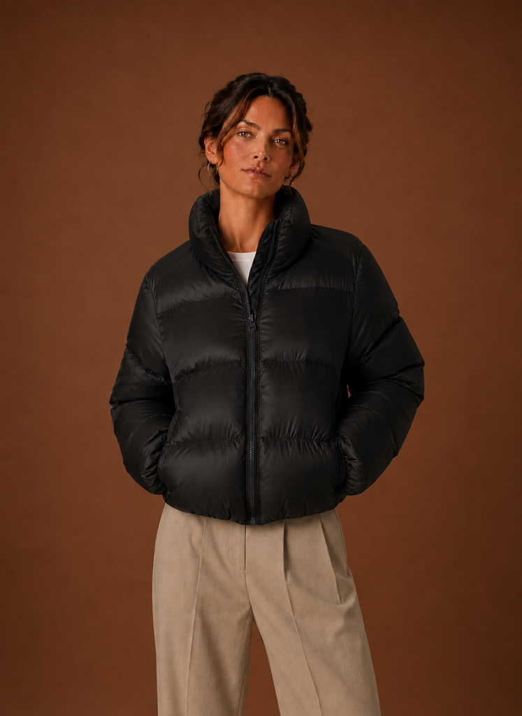 Women's Quilted Puffer Jacket with High Collar and Zip Front