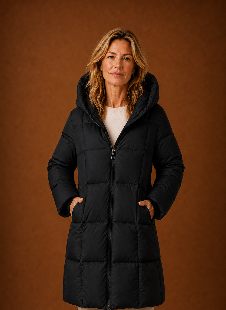 Women's Long Quilted Puffer Coat with Hood and Zip Front