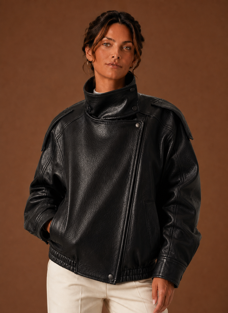 Women's Oversized Faux Leather Moto Jacket with Funnel Neck