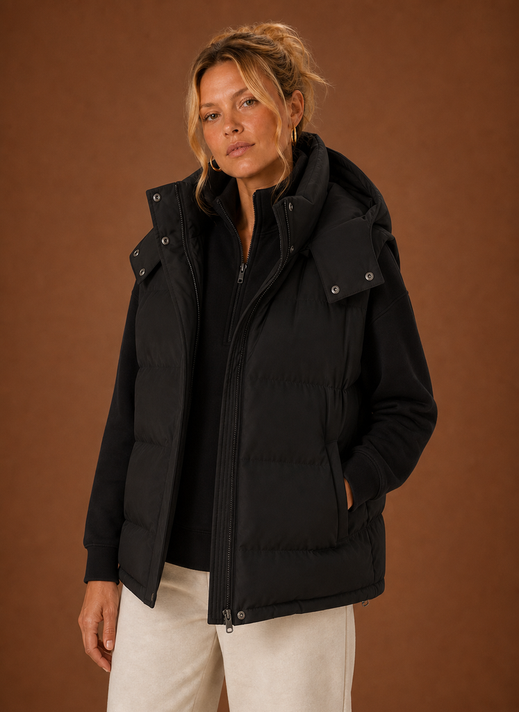 Women's Oversized Hooded Puffer Vest with Zip Front and Pockets