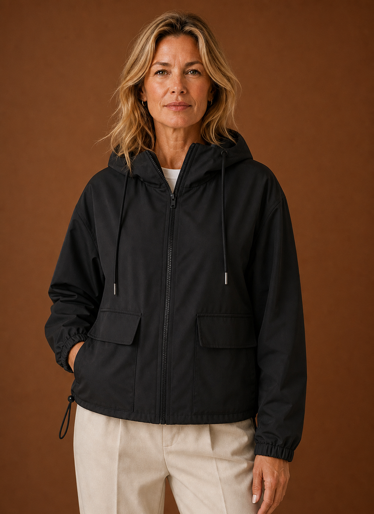 Women's Lightweight Hooded Windbreaker Jacket with Zip Front and Pockets