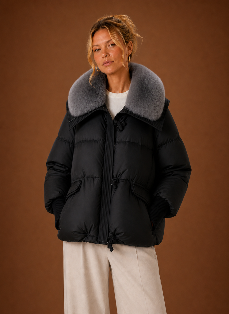 Women's Quilted Puffer Coat with Faux Fur Collar and Waist Toggles
