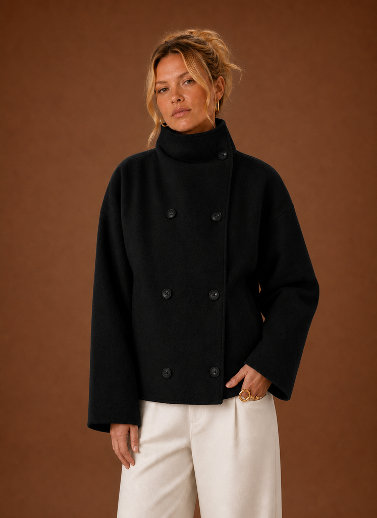 Women's Funnel Neck Double Breasted Wool Blend Jacket