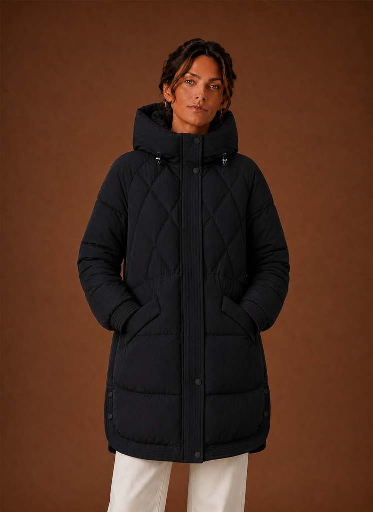 Women's Longline Puffer Jacket with Hood and Diamond Quilting