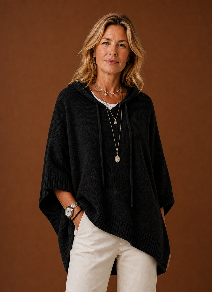 Women's Oversized Hooded Poncho Pullover with Ribbed Trim and Drawstring
