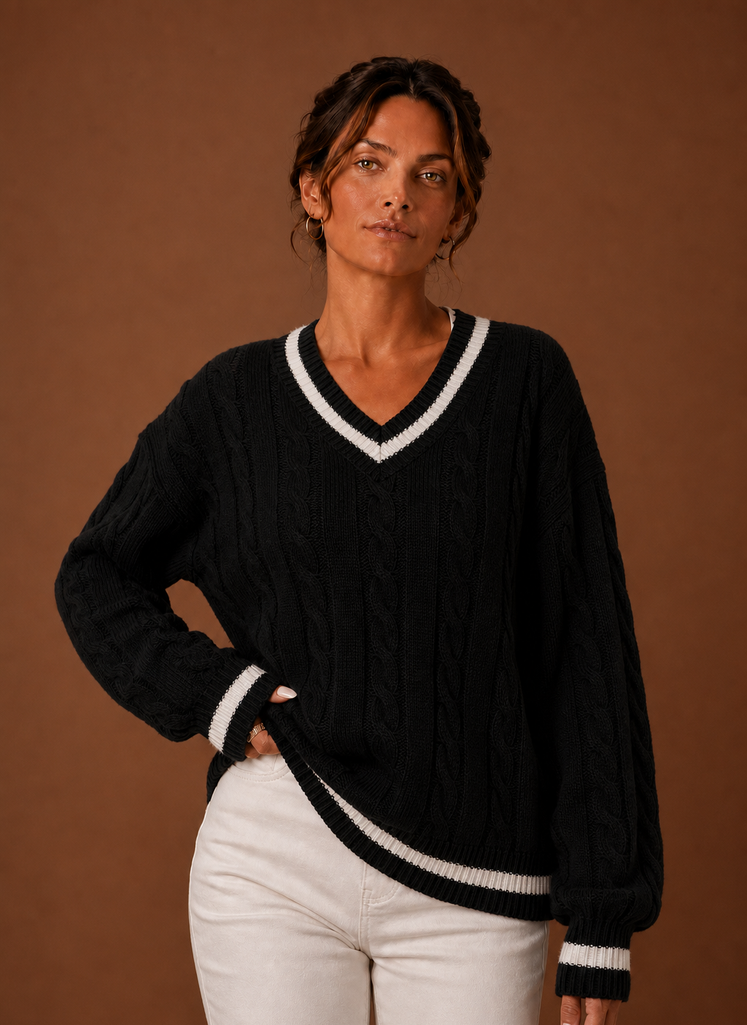 Women's Cable Knit V Neck Pullover Sweater with Contrast Stripe Trim