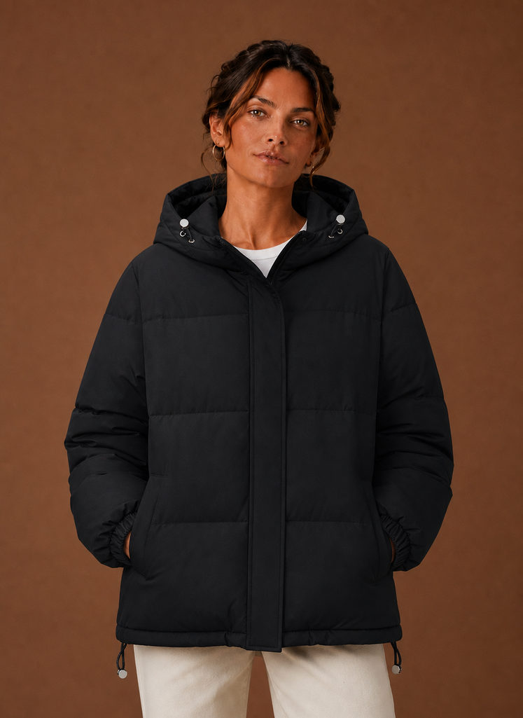 Women's Hooded Puffer Jacket with Snap Button Front and Pockets