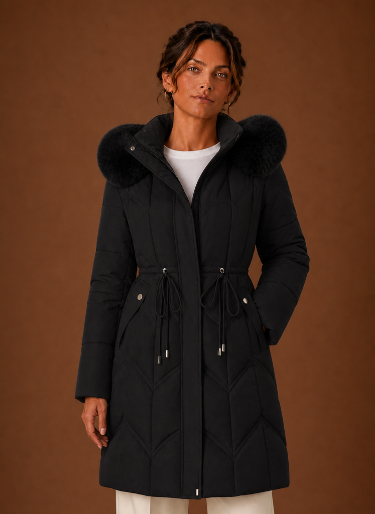 Women's Long Puffer Coat with Faux Fur Trim Hood and Drawstring Waist