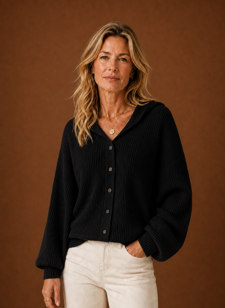 Women's Ribbed Knit Hooded Cardigan with Button Front and Long Sleeves