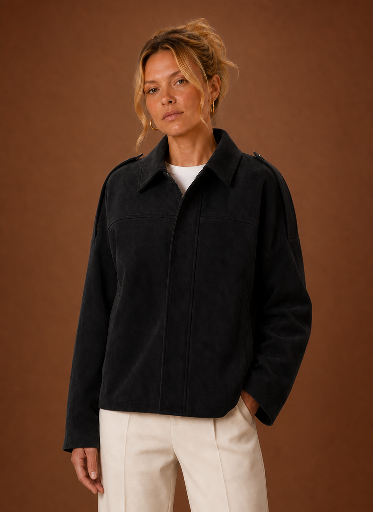 Women's Oversized Suede Jacket with Classic Collar and Zip Front