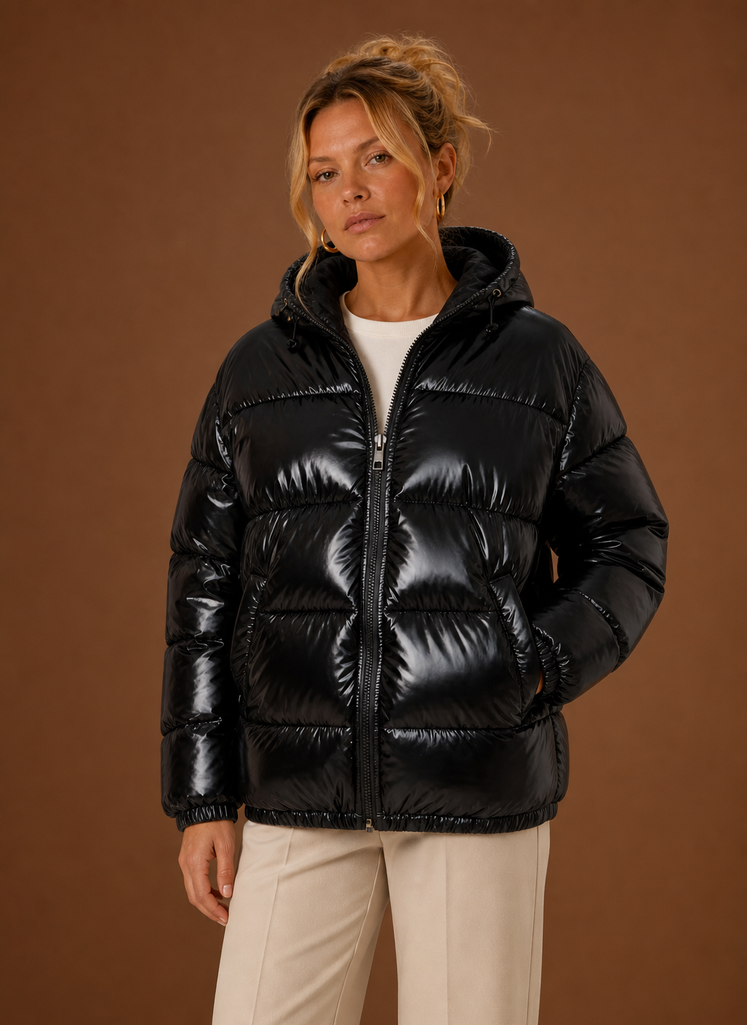 Women's Oversized Hooded Puffer Jacket with Full Zip and Side Pockets