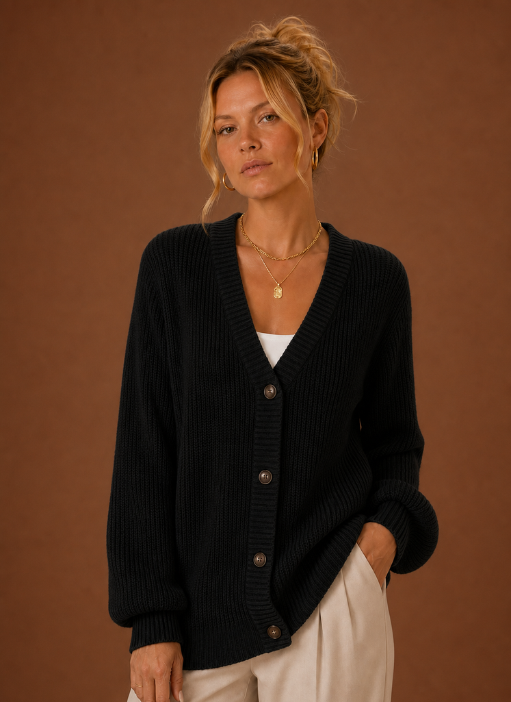 Women's V Neck Ribbed Knit Cardigan with Button Front and Long Sleeves
