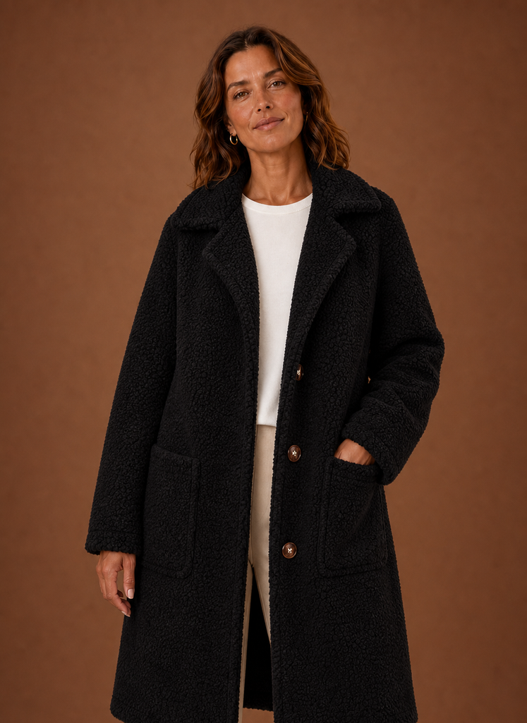 Women's Long Teddy Coat with Notch Lapel and Front Pockets