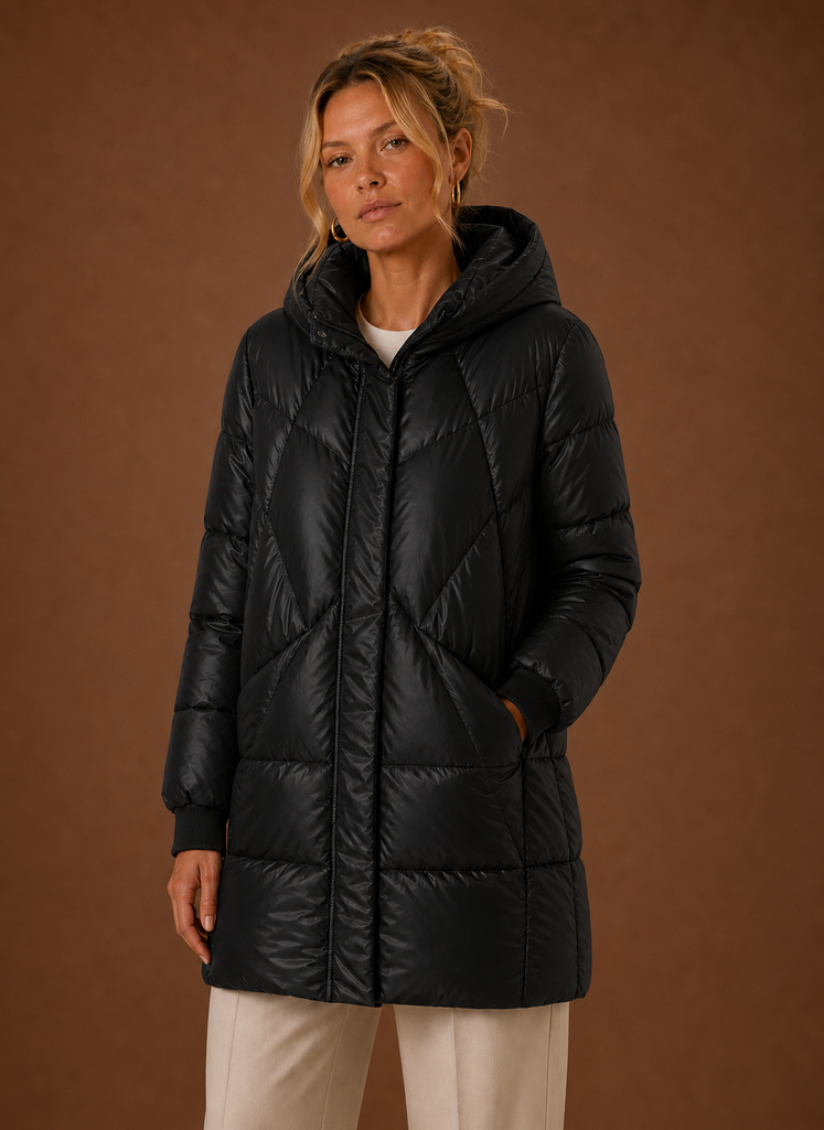 Women's Long Quilted Puffer Jacket with Hood and Snap Button Front