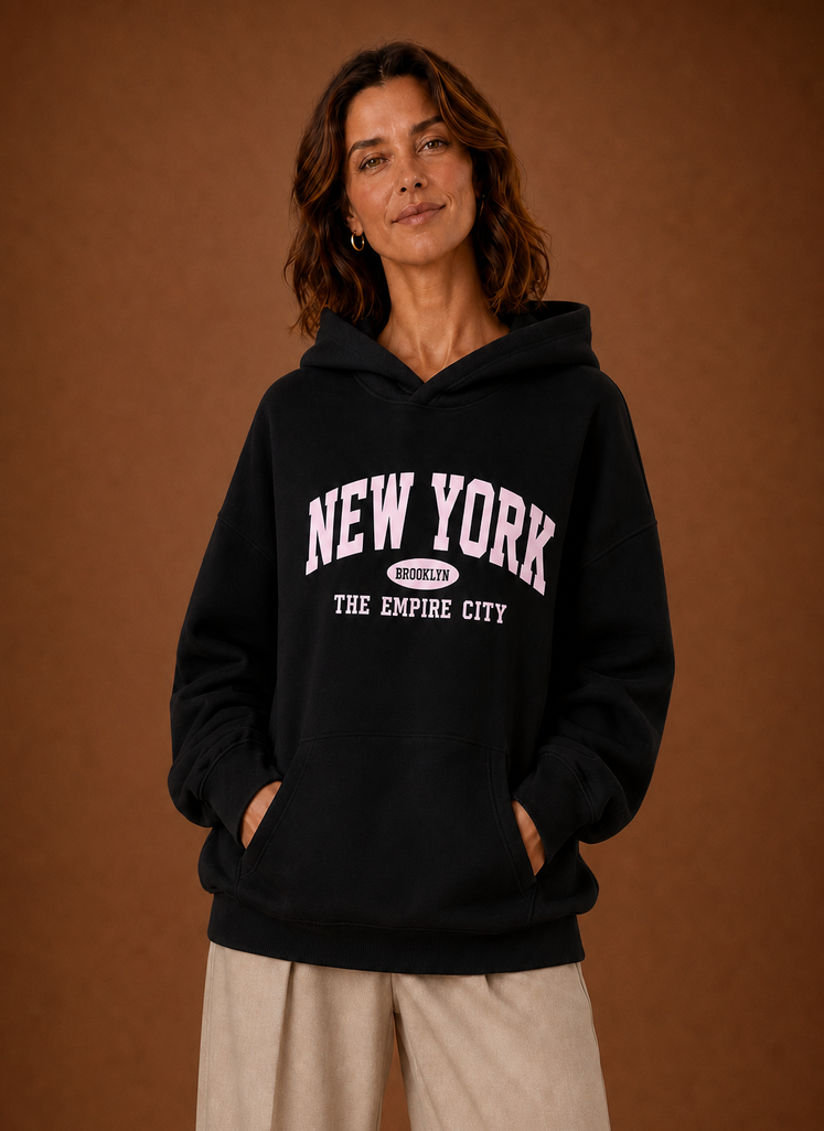 Women's Oversized Pullover Hoodie with New York Graphic Print