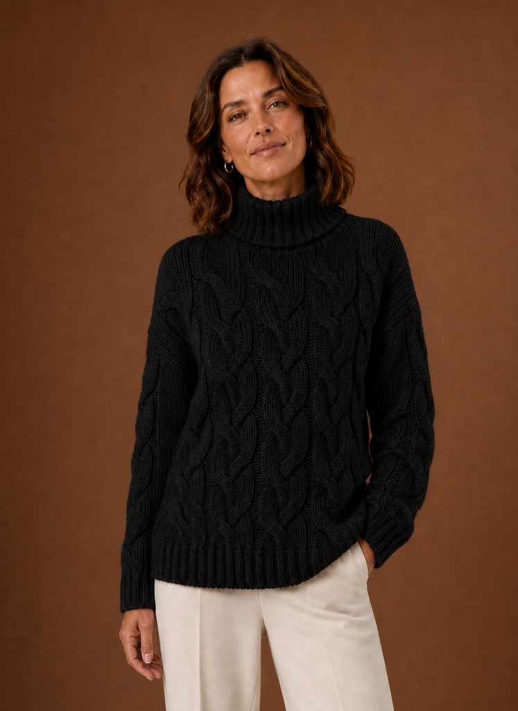 Women's Cable Knit Turtleneck Pullover Sweater with Ribbed Cuffs and Hem