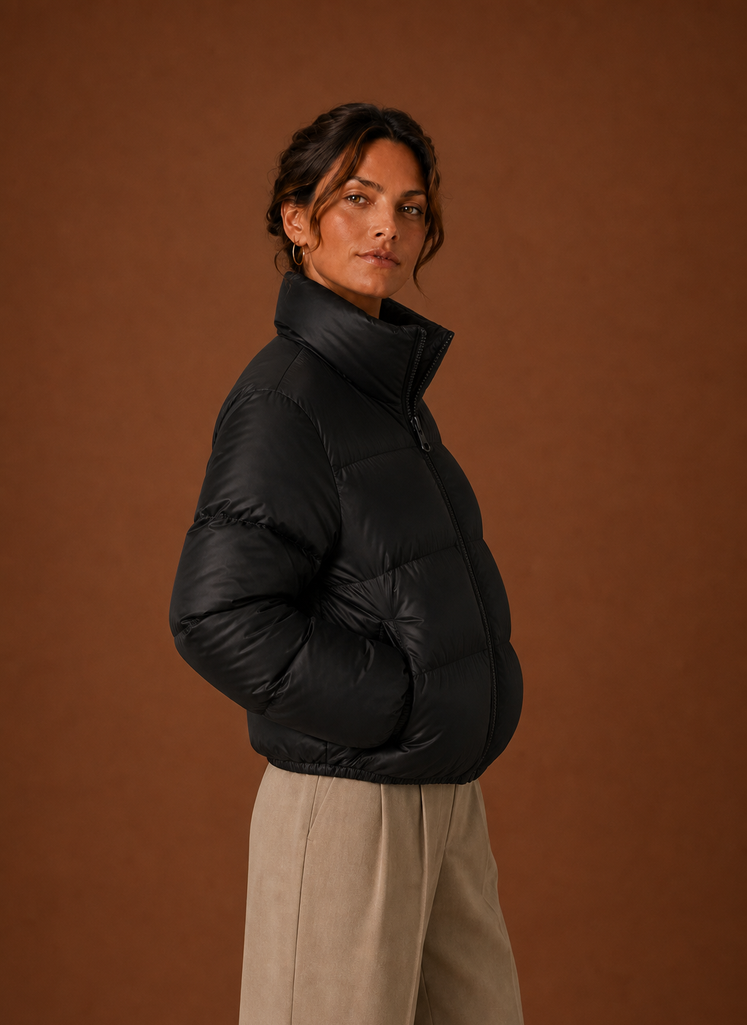 Women's Quilted Puffer Jacket with High Collar and Zip Front