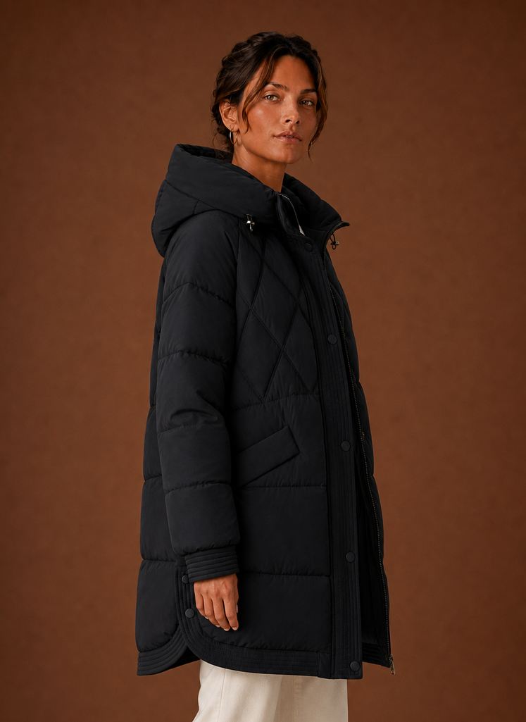 Women's Longline Puffer Jacket with Hood and Diamond Quilting
