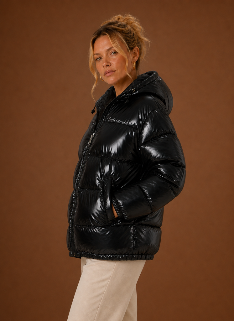 Women's Oversized Hooded Puffer Jacket with Full Zip and Side Pockets
