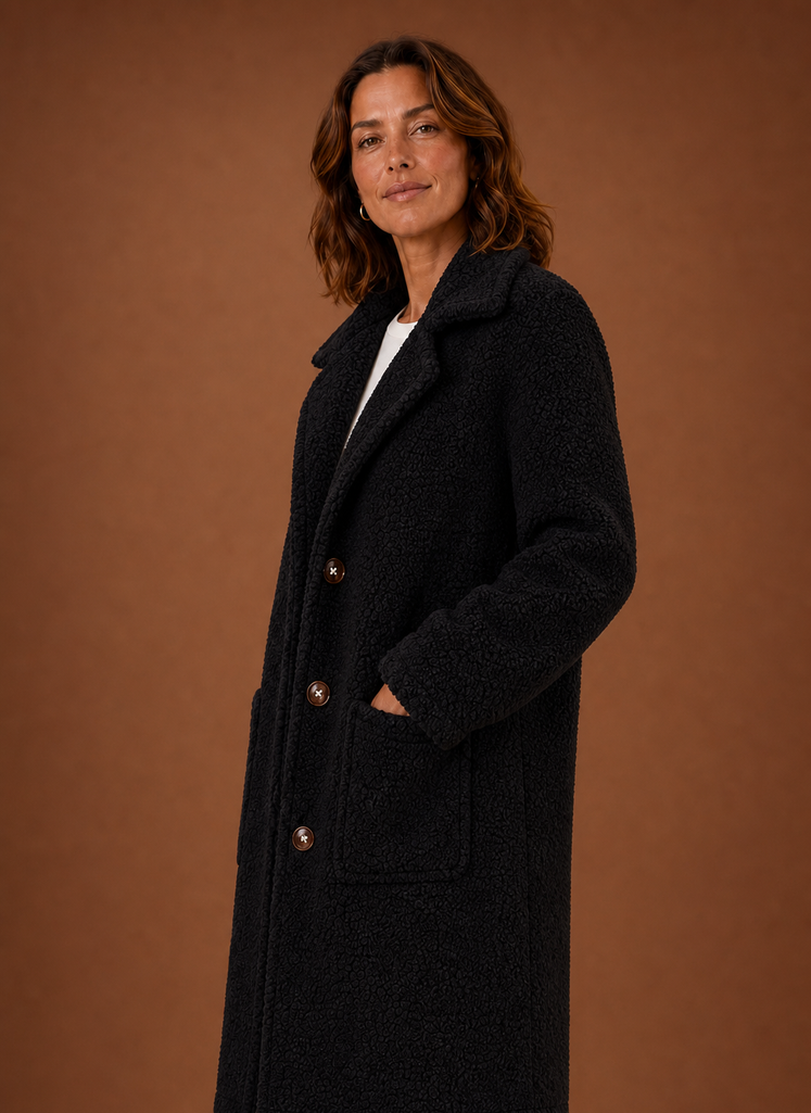 Women's Long Teddy Coat with Notch Lapel and Front Pockets
