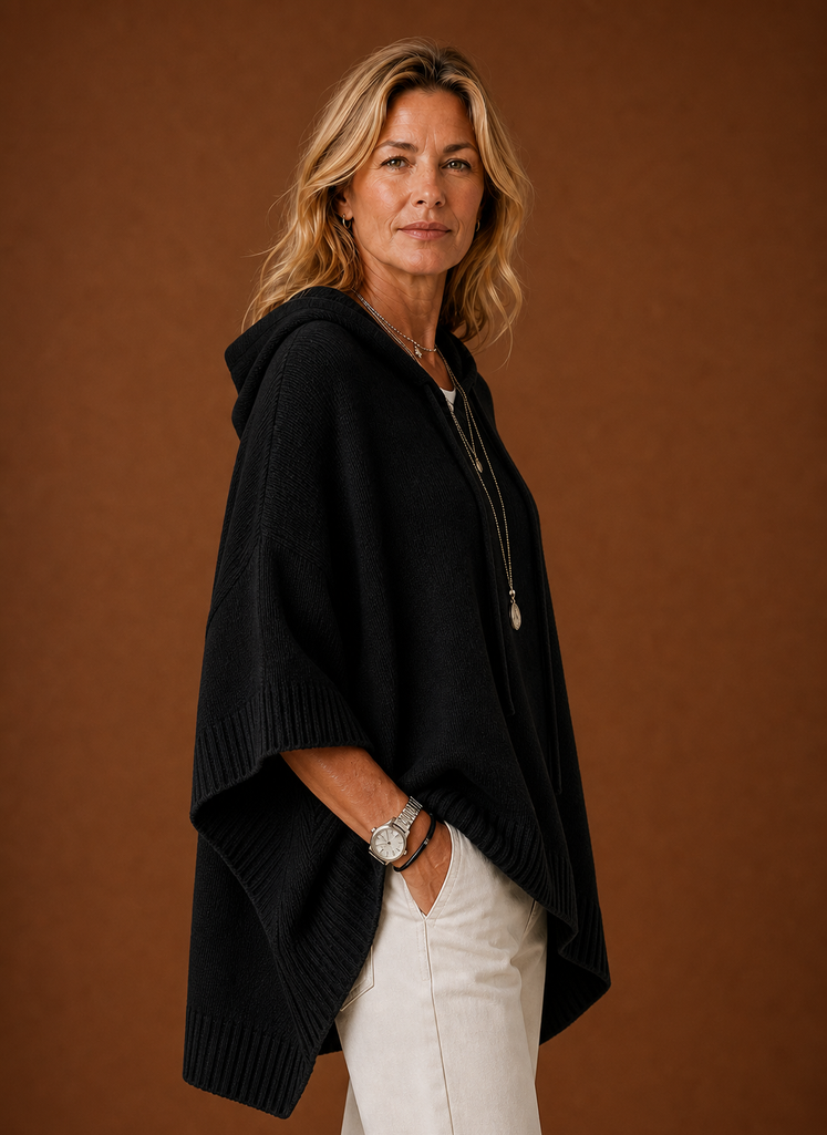 Women's Oversized Hooded Poncho Pullover with Ribbed Trim and Drawstring
