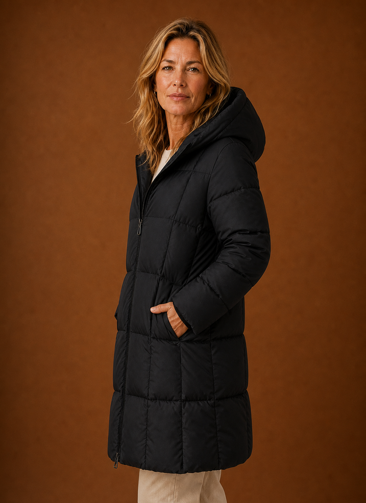 Women's Long Quilted Puffer Coat with Hood and Zip Front