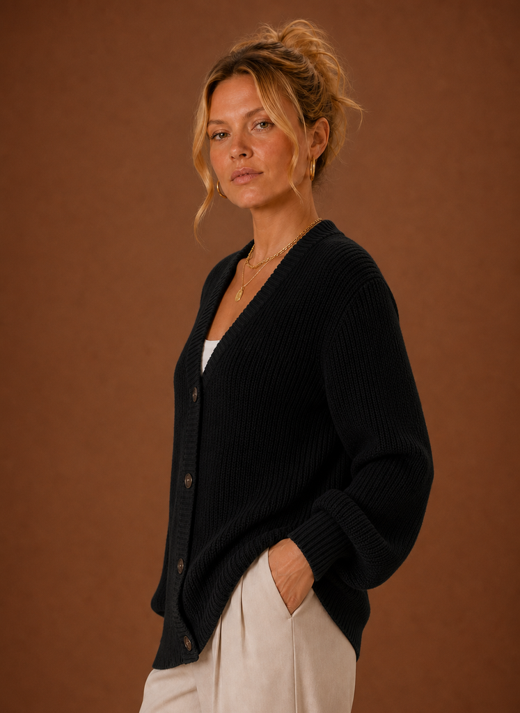 Women's V Neck Ribbed Knit Cardigan with Button Front and Long Sleeves