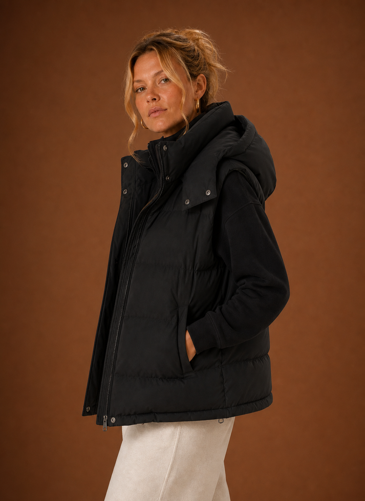 Women's Oversized Hooded Puffer Vest with Zip Front and Pockets
