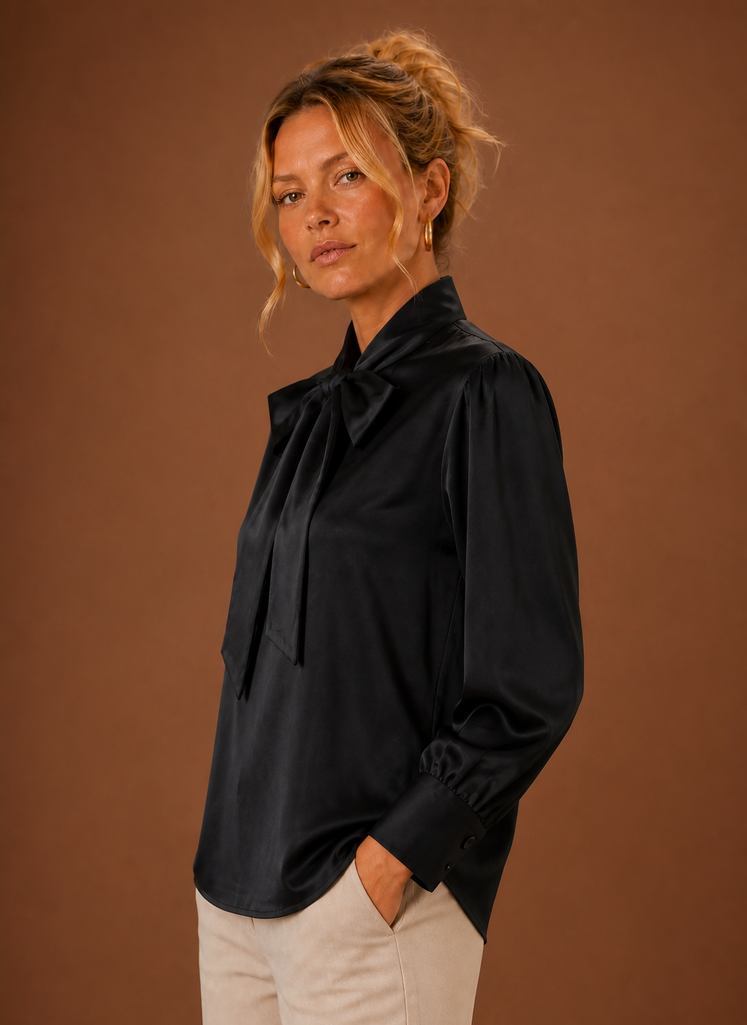 Women's Satin Blouse with Bow Tie Neck and Long Cuff Sleeves
