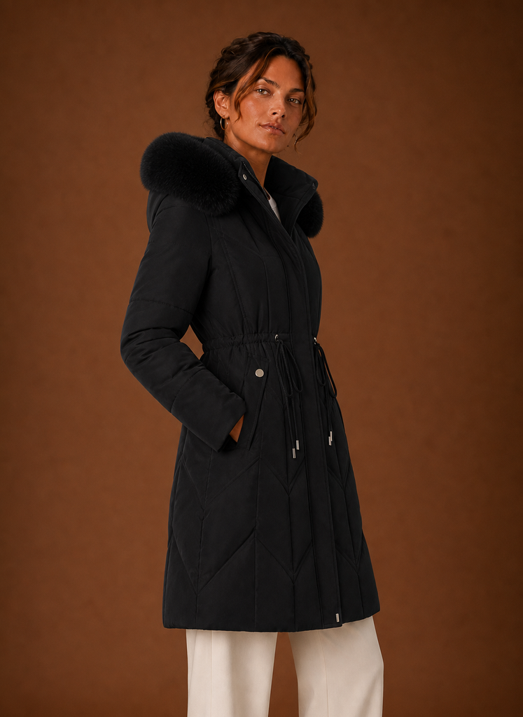Women's Long Puffer Coat with Faux Fur Trim Hood and Drawstring Waist