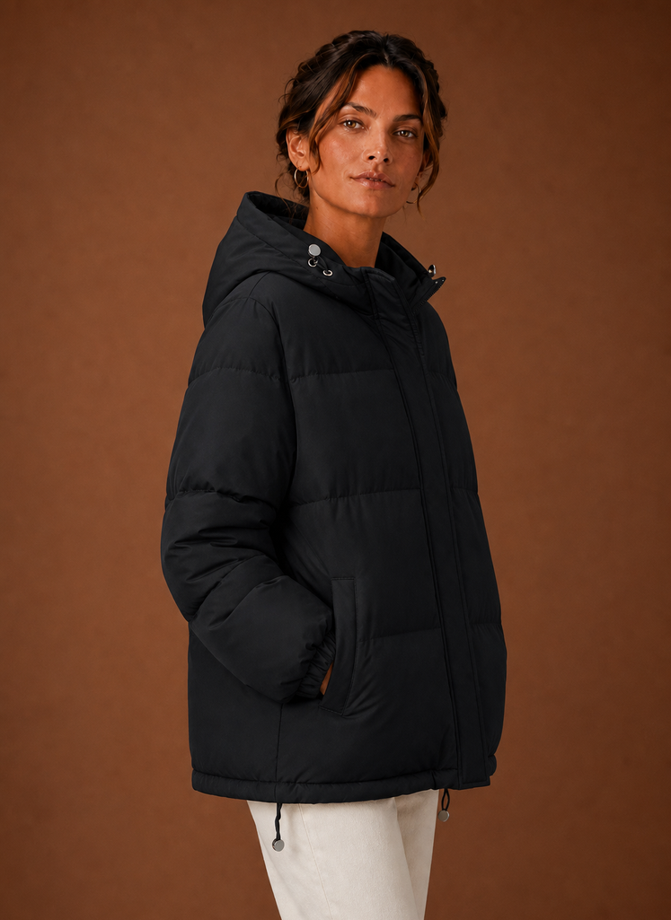 Women's Hooded Puffer Jacket with Snap Button Front and Pockets