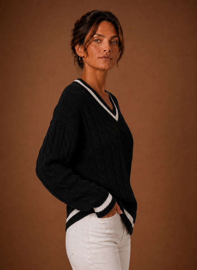Women's Cable Knit V Neck Pullover Sweater with Contrast Stripe Trim