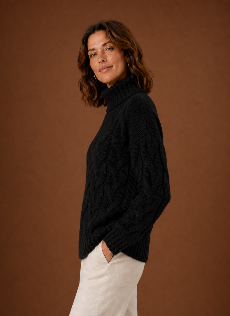 Women's Cable Knit Turtleneck Pullover Sweater with Ribbed Cuffs and Hem