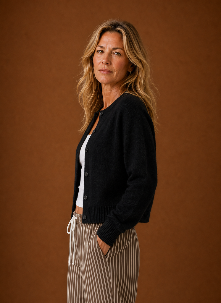 Women's Crew Neck Knit Cardigan with Button Front and Ribbed Details
