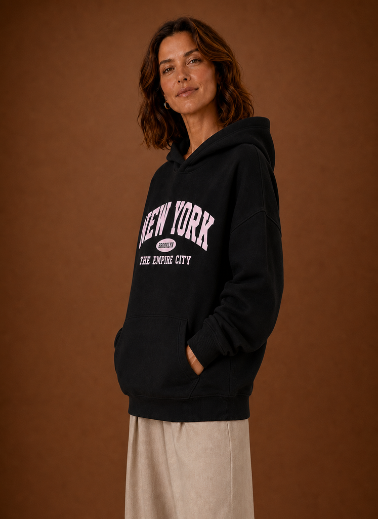 Women's Oversized Pullover Hoodie with New York Graphic Print
