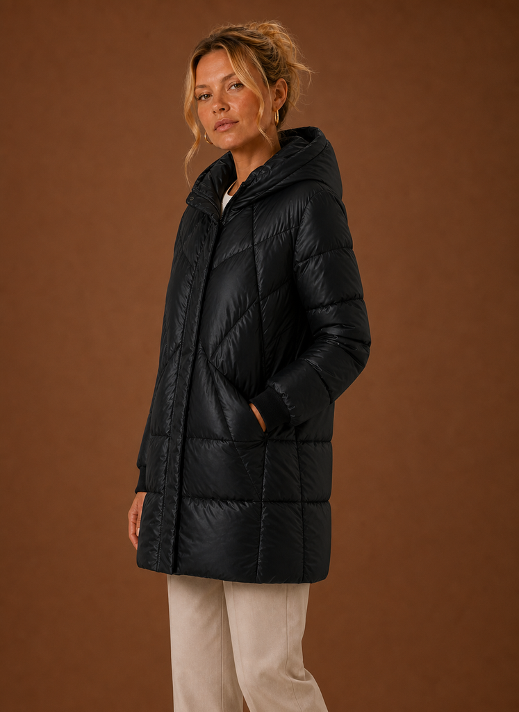 Women's Long Quilted Puffer Jacket with Hood and Snap Button Front